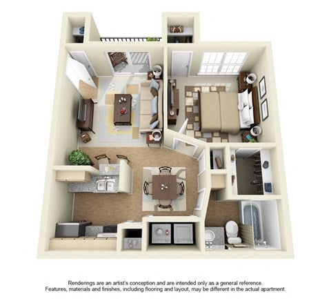 Floor plan for 1 bed, 1 bath, 603 sqft